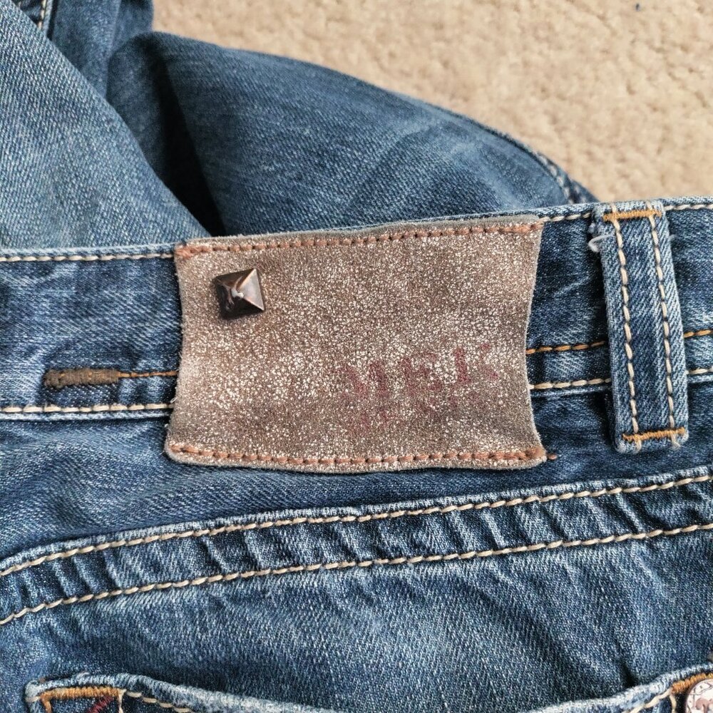 MEK Denim Osaka Jeans 36x32 Blue Straight Bootcut Distressed Button Fly GUC - Picture 4 of 7